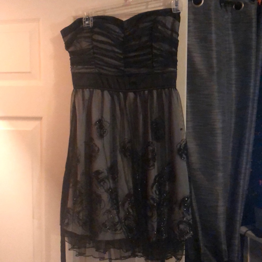 Short strapless black and grey floral dress